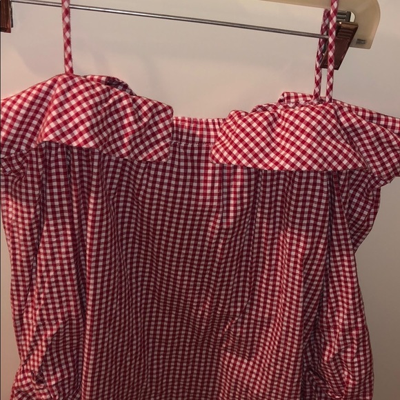 Red & white checked off-the-shoulder Anthro blouse - Picture 4 of 5